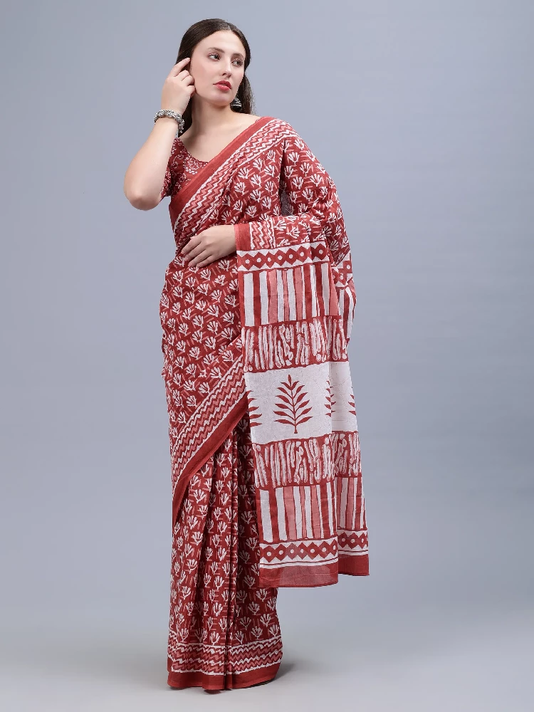 Maroon White Printed Malmal Cotton Saree-1.webp